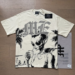 MIXED EMOTION Vintage Rhinestone Alien Beach Graphic T-Shirt (Off-White)