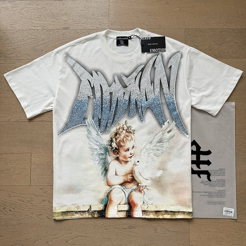 MIXEDEMOTION Retro Hot Diamond Letter Printed Summer High Street Loose Casual Men's and Women's Round Neck Short sleeved T-shirt (26)