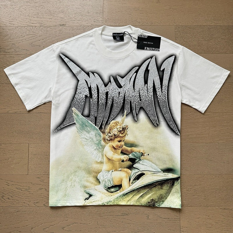 MIXED EMOTION Vintage Rhinestone Jetski Cherub Graphic T-Shirt (White)