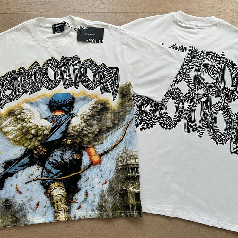 MIXEDEMOTION Retro Hot Diamond Letter Printed Summer High Street Loose Casual Men's and Women's Round Neck Short sleeved T-shirt (26)