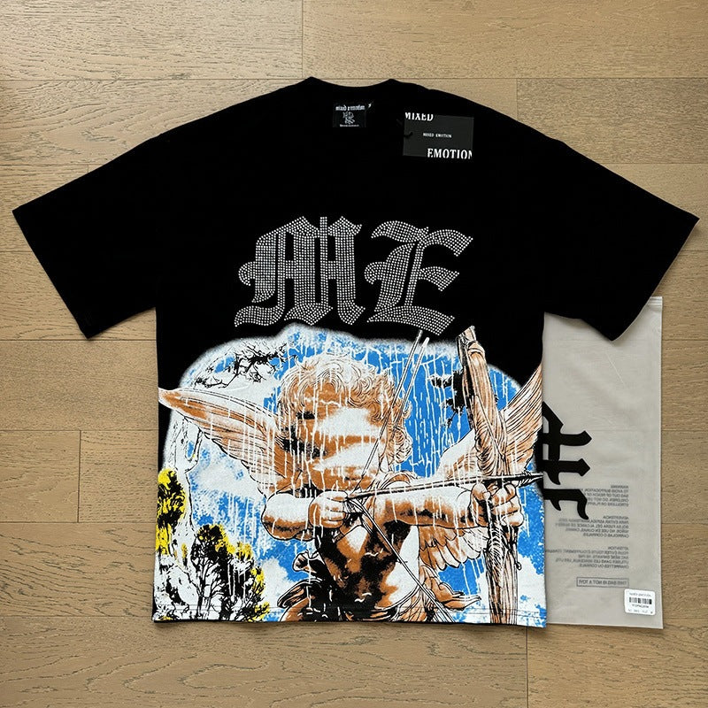 MIXEDEMOTION Retro Hot Diamond Letter Printed Summer High Street Loose Casual Men's and Women's Round Neck Short sleeved T-shirt (26)