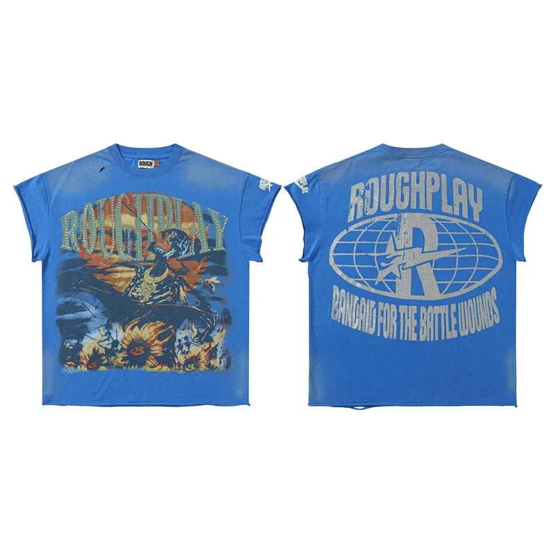 Title Rough Play "Bandaid for the Battle Wounds" Vintage Graphic Sleeveless Tee blue