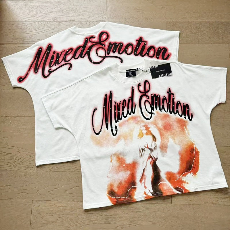 MIXEDEMOTION Retro Hot Diamond Letter Printed Summer High Street Loose Casual Men's and Women's Round Neck Short sleeved T-shirt (26)
