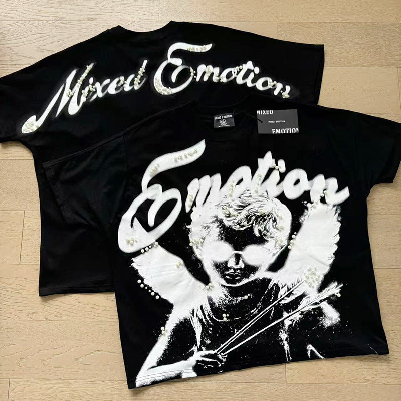 MIXED EMOTION Vintage Rhinestone Script Cherub Graphic T-Shirt (Black)