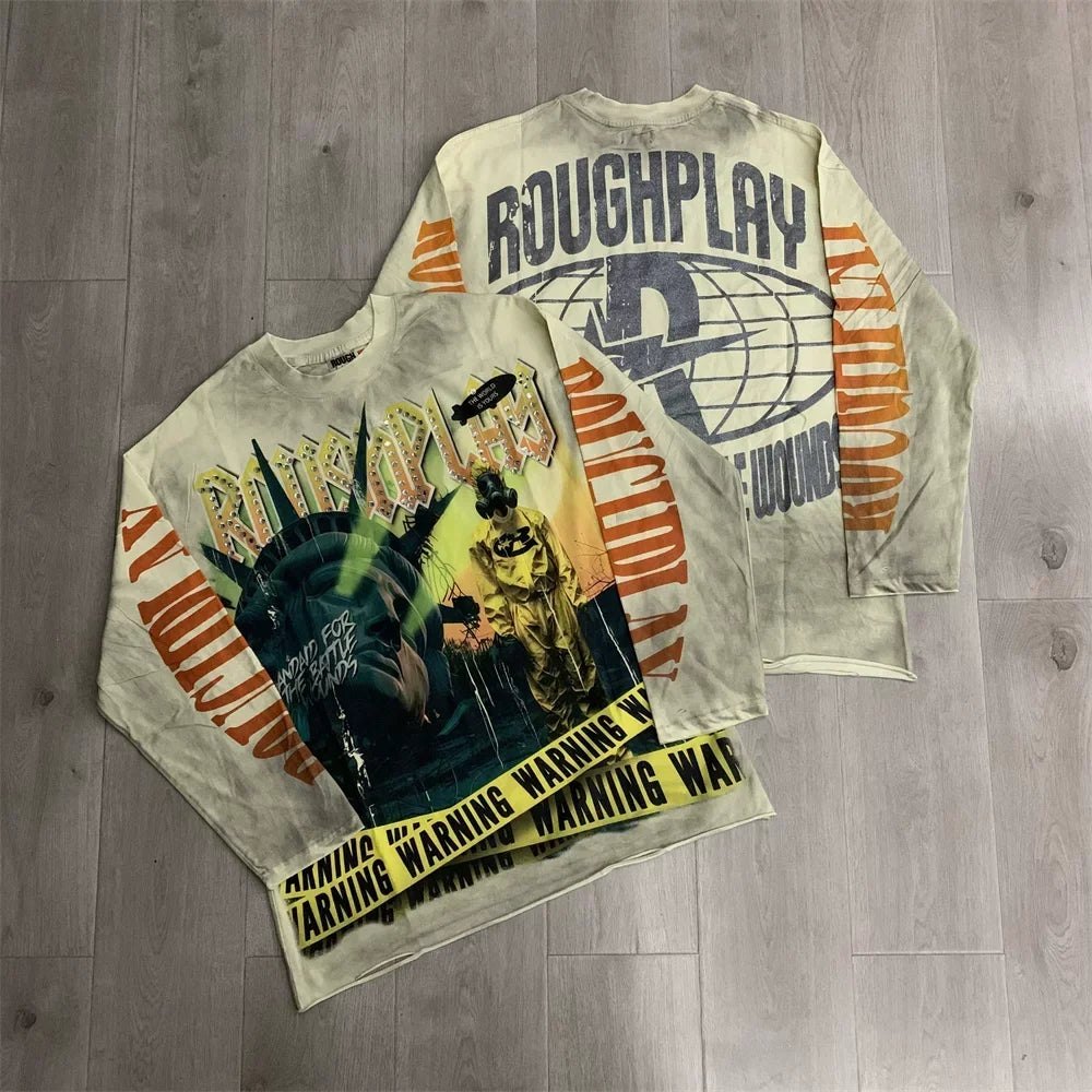 Roughplay Statue of Liberty & Warning Tape Graphic Heavyweight Long-Sleeve Tee - Vintage Sand