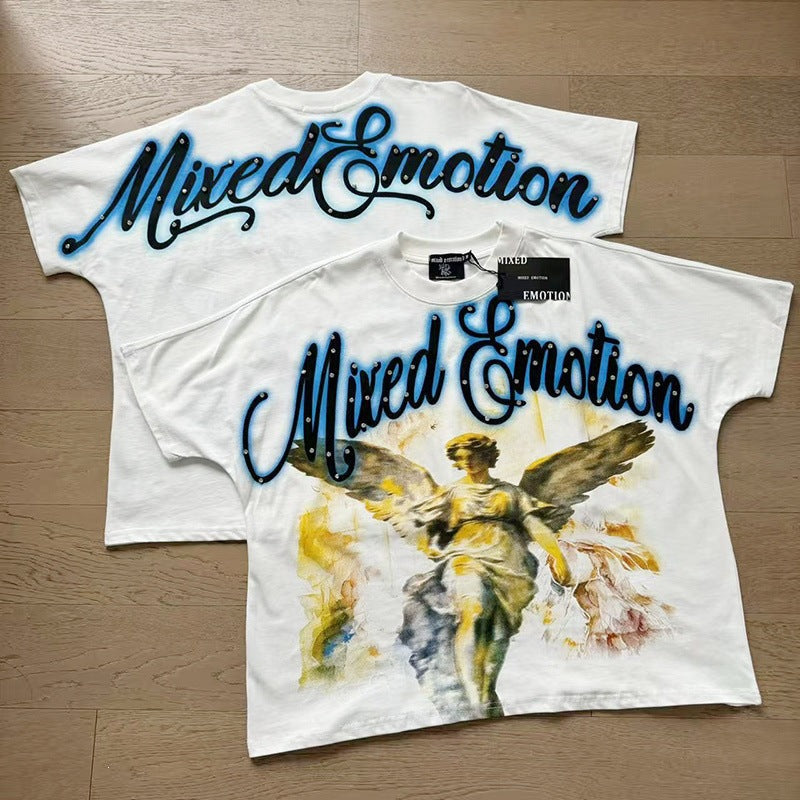 MIXEDEMOTION Retro Hot Diamond Letter Printed Summer High Street Loose Casual Men's and Women's Round Neck Short sleeved T-shirt (26)