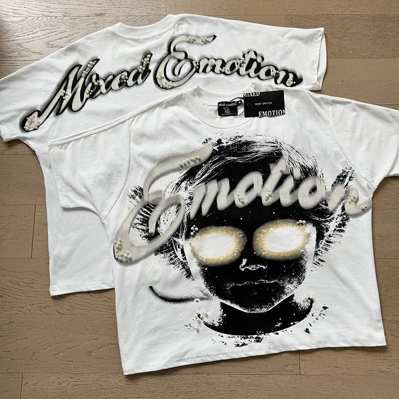 MIXED EMOTION Vintage Rhinestone Script Glowing Eyes Graphic T-Shirt (White / Black)