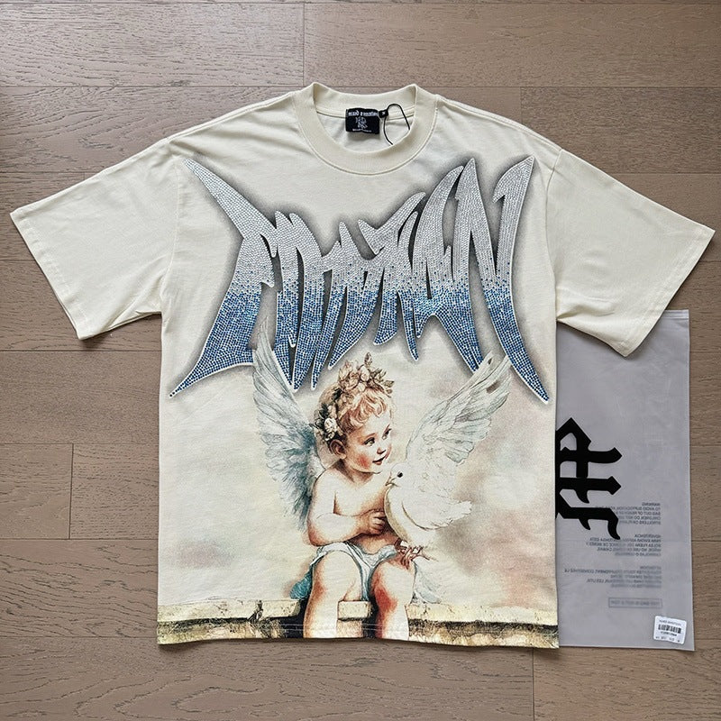 MIXEDEMOTION Retro Hot Diamond Letter Printed Summer High Street Loose Casual Men's and Women's Round Neck Short sleeved T-shirt (26)