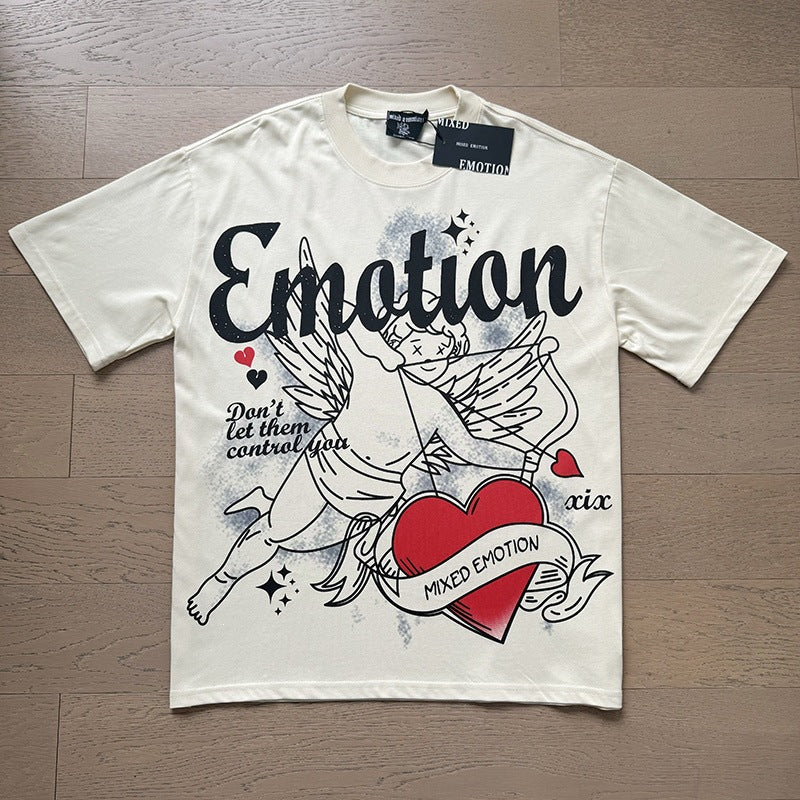MIXEDEMOTION Retro Hot Diamond Letter Printed Summer High Street Loose Casual Men's and Women's Round Neck Short sleeved T-shirt (26)