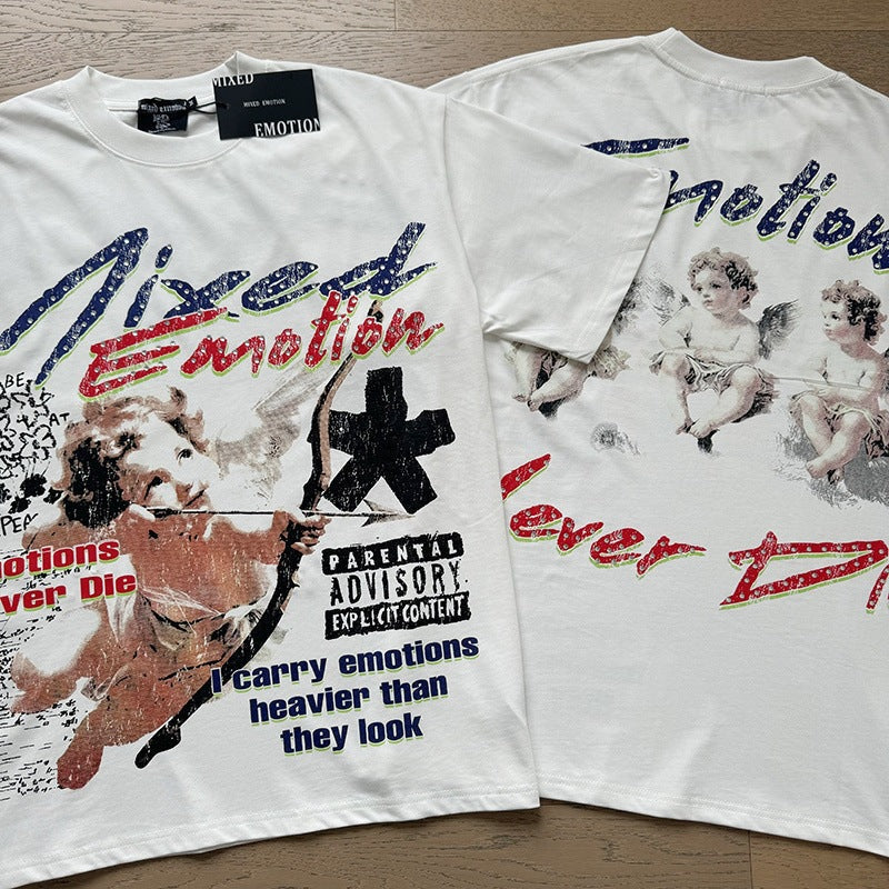 MIXEDEMOTION Retro Hot Diamond Letter Printed Summer High Street Loose Casual Men's and Women's Round Neck Short sleeved T-shirt (26)